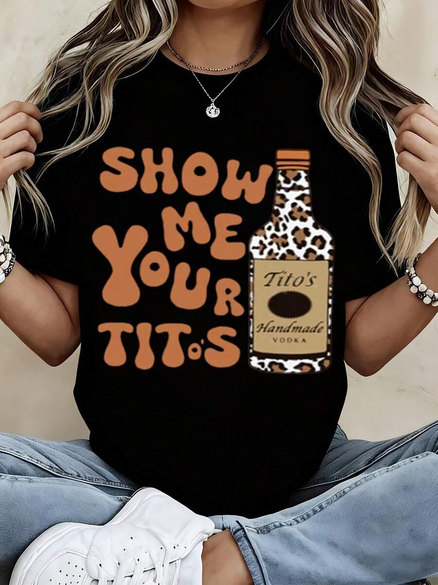 Show Me Your Tito's Vodka Bottle Leopard Print Graphic Tee Shirt Women Casual Short Sleeve Top Fun Party Wear - màu đen - Xem 1