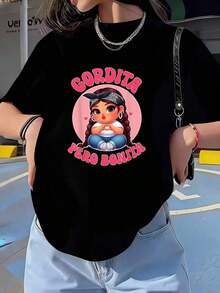 ClassicGordita Pero Bonita Latina Chingona Mujer Chicana Chula San Valentín 1 Pieza Camiseta de Manga Corta para Mujer Talla, Novedosa, con Cuello Redondo, Divertida, Gráfica, Oversize,% Algodón, Blusas Casuales para Mujer - Negro - Ver 1