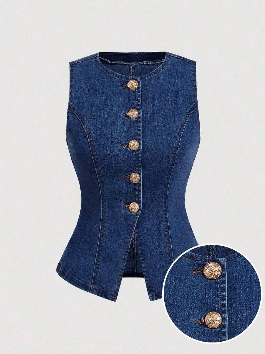 Top de mezclilla sin mangas para mujer, casual de ajuste ceñido y elástico, camiseta de verano, camisetas sin mangas para mujer, ropa de los 90, casual de negocios para mujer, tops de salida para mujer, atuendos de primavera para mujer, tops lin - Azul lavado oscuro - Ver 1