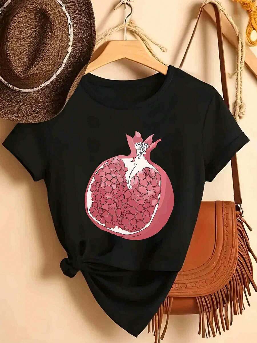 Women's T-Shirt, Fashionable Women's Short-Sleeved Round Neck T-Shirt, Polyester Knit, Casual Style Series, For All Seasons, Colorful Design With A Pomegranate Print. - màu đen - Xem 1
