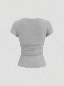 Camiseta de manga corta de unicolor con recorte de encaje de ojal semi-abierto para mujer, estilo urbano - Gris Claro - Ver 2