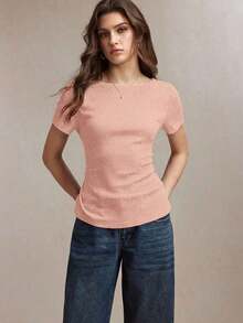 llegado de primavera/verano Camiseta de cuello barco en marfil, diseño de ribete en contraste negro, tejido texturizado, lazo de cintura ajustable, versátil para oficina, viajes, negocios, eventos sociales, formales, Día de la Madre, fiestas - Rosa - Ver 2