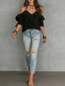 Blusa de volantes con hombros descubiertos de unicolor, estilo de vacaciones de playa para mujer - Negro - Ver 4