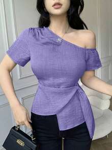 Blusa casual elegante de hombros con nudo, de corte slim para mujeres - Morado - Ver 6