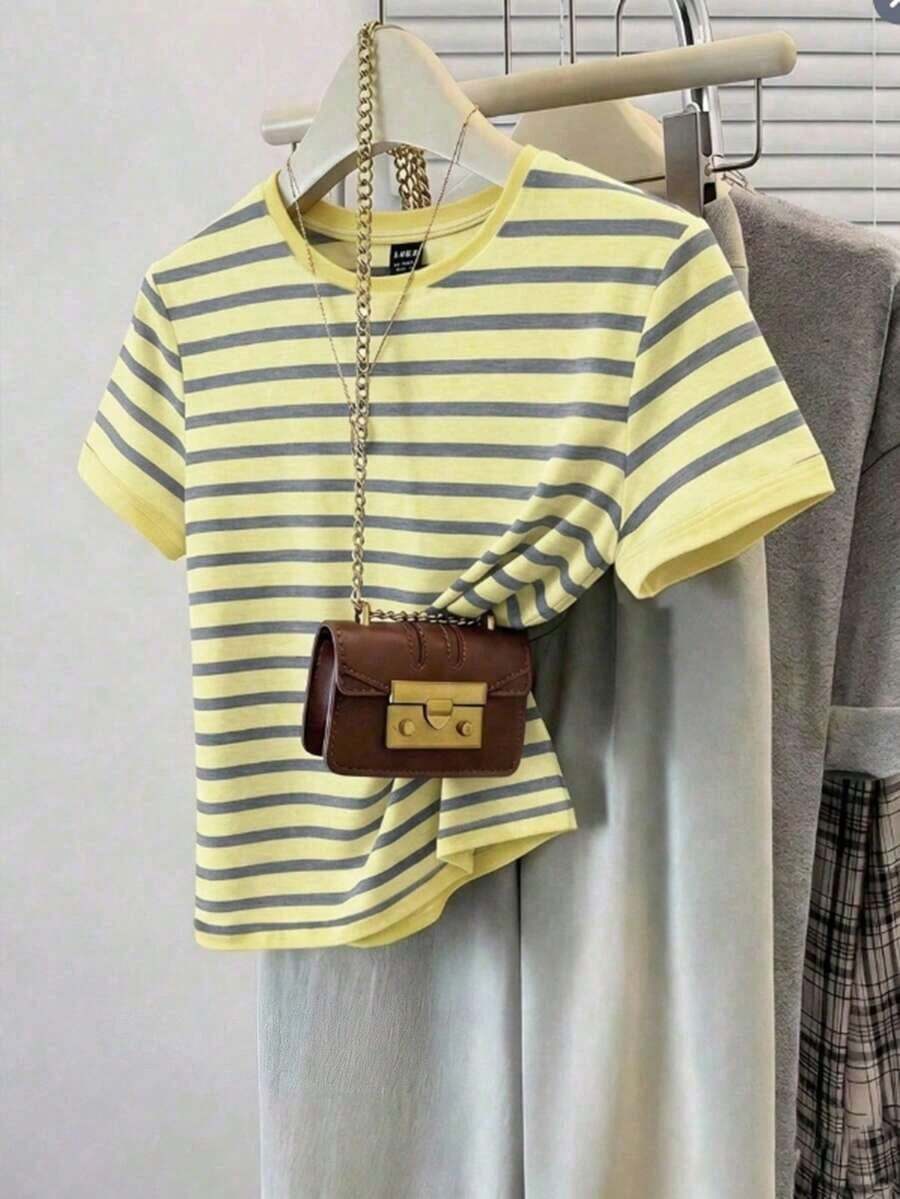 Camiseta casual de mujer de cuello redondo de manga corta a rayas, camiseta a rayas de estilo retro francés de color café, top de manga corta de cuello redondo estilizador y versátil, camiseta básica casual suave y pegajosa, top a rayas, pri - Multicolor 5 - Ver 1