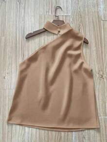 1 pieza Blusa elegante sin mangas de satén de unicolor con volantes asimétricos/asimétricos, adecuada para verano, vacaciones, oficina, hogar, uso diario, fiesta de cumpleaños, eventos formales y casuales - Caqui - Ver 5