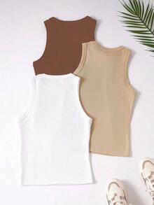 Camisetas de tirantes de mujer de unicolor y cuello redondo - Marrón - Ver 2