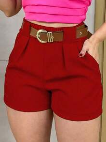 Pantalones cortos casuales de unicolor para mujer talla grande, versátiles para el verano - Burdeos - Ver 1