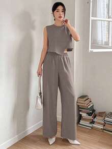 Set de 2 piezas de camisa y pantalones de pierna ancha de unicolor para mujer, conjuntos de ropa de descanso para mujer - Marrón - Ver 3
