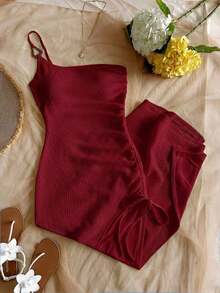 Vestido de mujer con textura de gofre tejido, diseño ajustado con abertura y cordón, adecuado para fiesta, cita, sexy, té de la tarde, playa, verano, festival de música, temporada de bodas - Burdeos - Ver 5