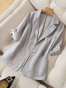 Chaqueta delgada de traje casual con bolsillo en la solapa y dobladillo de manga para mujer - Gris Claro - Ver 7