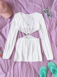 Vestido camisa de mujer con cuello en V, recorte en la cintura y manga larga - Blanco - Ver 6