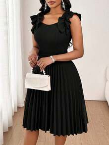 Vestido mini de fiesta con estampado floral y pliegues a la moda para mujer - Negro - Ver 4