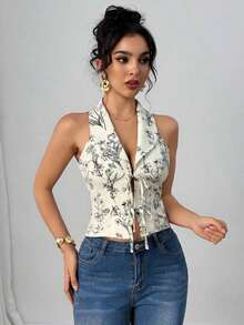 camisa sin mangas para ir al trabajo y de vacaciones con cuello vuelto, lazo y estampado floral 3D, color azul - Albaricoque - Ver 4