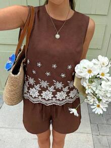 Set de 2 piezas de top sin mangas y shorts para mujer, de moda para el verano - Marrón - Ver 6
