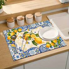 1pc Dish Drying Mat, Coffee Machine Mat, Blue & White Floral Border With Yellow Lemon Fruit Pattern Absorbent Draining Mat, Suitable For Dining Table, Cafe, Multi-Purpose Drainage Pad, Home Gift, Tabletop Decor - XYLSD-352 - View 9