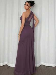 Vestido maxi ajustado de estilo elegante y romántico, con cuello asimétrico, adecuado para fiestas, vacaciones en la playa, vuelta al colegio, citas románticas, temporada de bodas, cumpleaños, Pascua, primavera/verano - Púrpura polvoriento - Ver 5