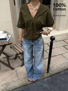 Camisa de mezcla de lino con encaje a rayas para mujer - Verde militar - Ver 1