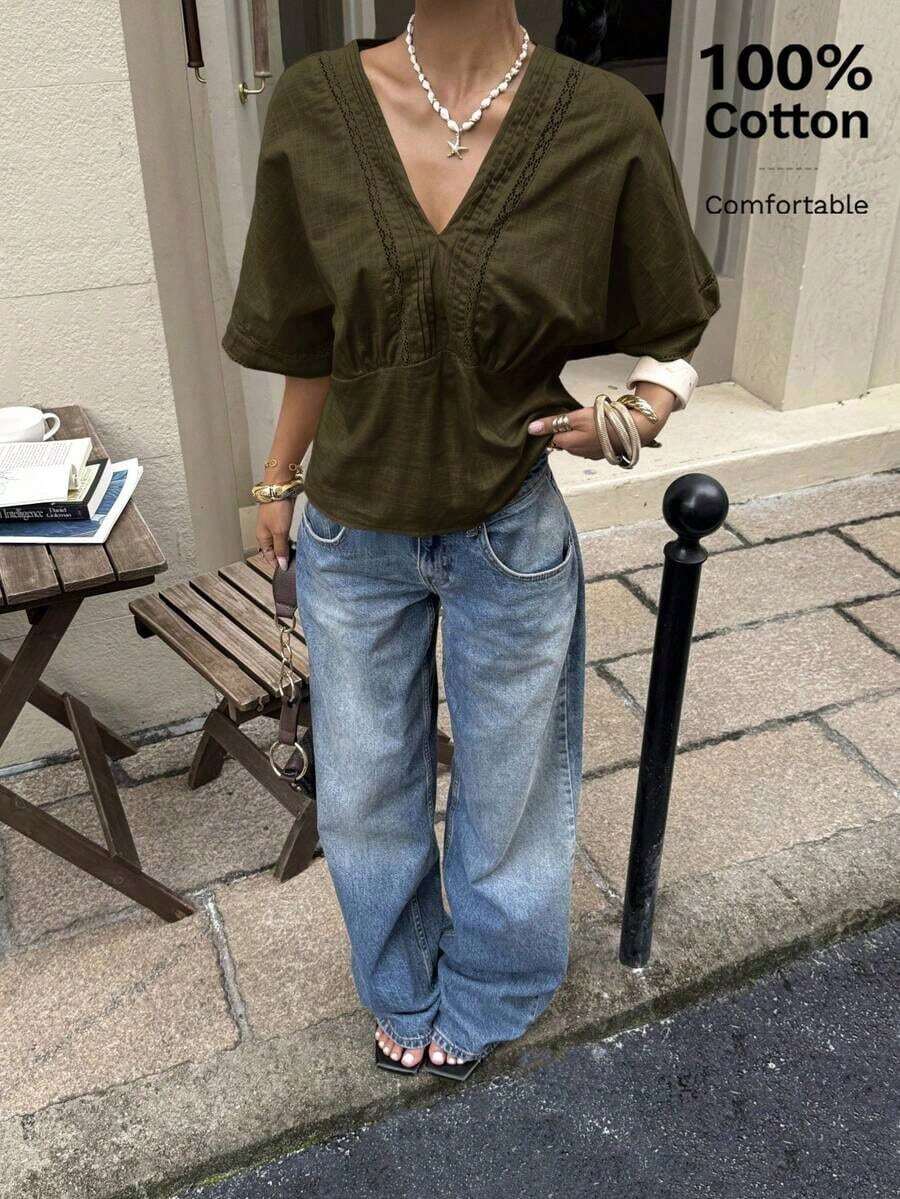 Camisa de mezcla de lino con encaje a rayas para mujer - Verde militar - Ver 1
