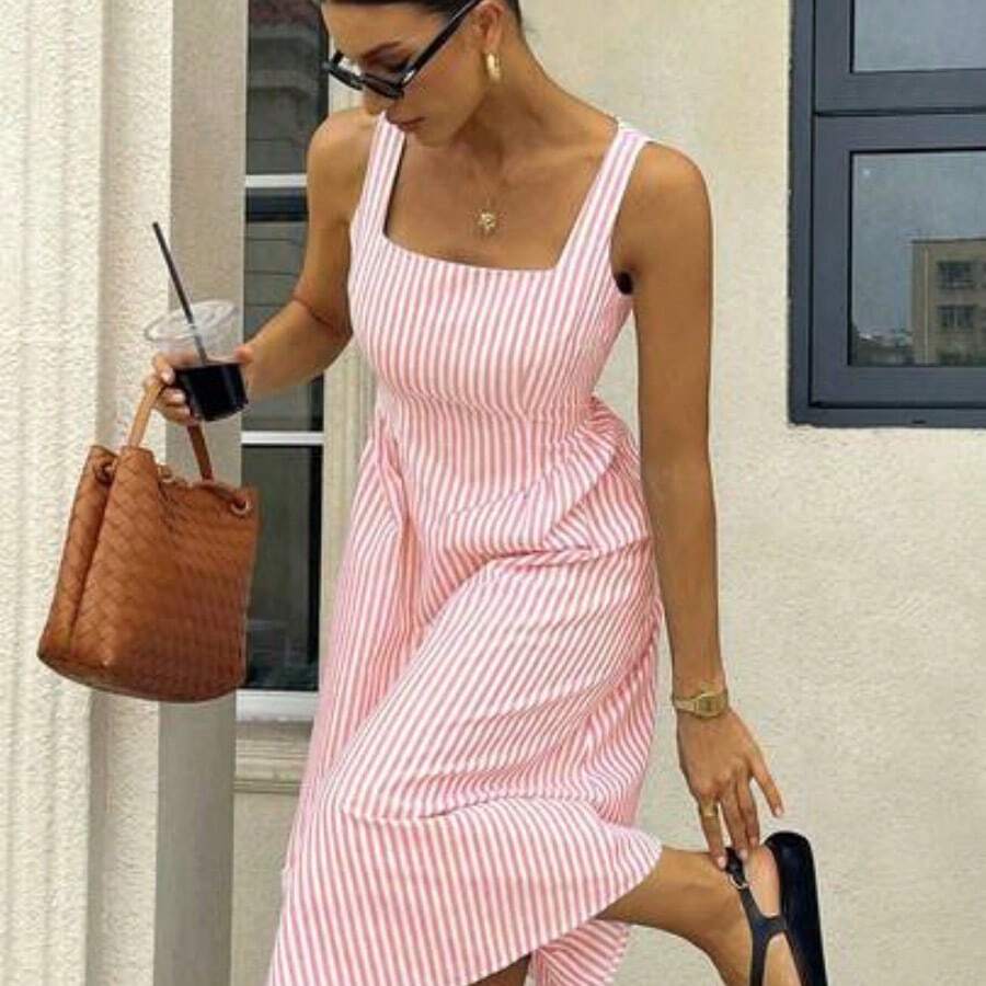 Women Striped Print Square Neck Sleeveless Mid-Calf Summer Dress Vacation Casual Blue Holiday Resort - Rosa vieja - Ver 1