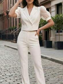 Conjunto de 2 piezas elegante, Traje para mujer blazer corto con mangas abullonadas y pantalón recto, traje formal y casual ideal para oficina o trabajo, eventos y reuniones, diseño moderno - Blanco - Ver 1
