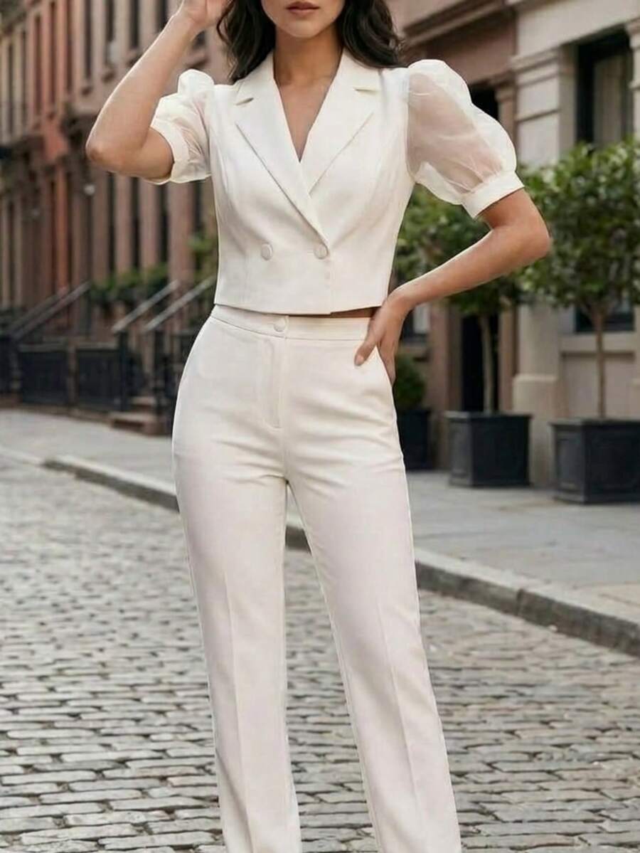 Conjunto de 2 piezas elegante, Traje para mujer blazer corto con mangas abullonadas y pantalón recto, traje formal y casual ideal para oficina o trabajo, eventos y reuniones, diseño moderno - Blanco - Ver 1