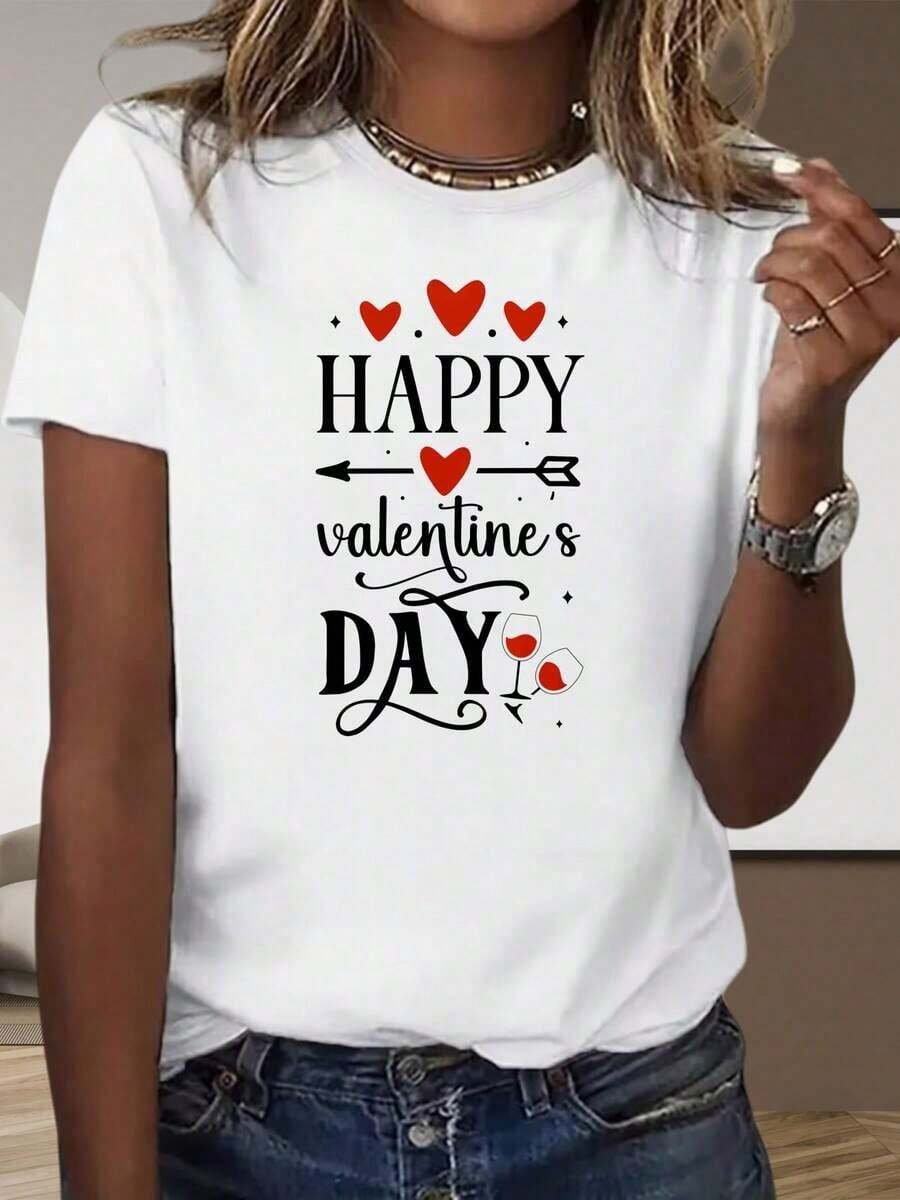Camiseta de manga corta negra y blanca para el hogar y el exterior, diseño de corazones y copas de vino para el Día de San Valentín, regalo para mujer, top para fiestas y vacaciones. - Blanco - Ver 1