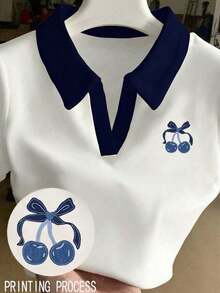 Blusa casual de mujer con estampado de cerezas y cuello de contraste de manga corta - Multicolor 3 - Ver 1