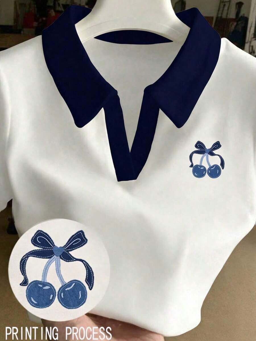 Blusa casual de mujer con estampado de cerezas y cuello de contraste de manga corta - Multicolor 3 - Ver 1