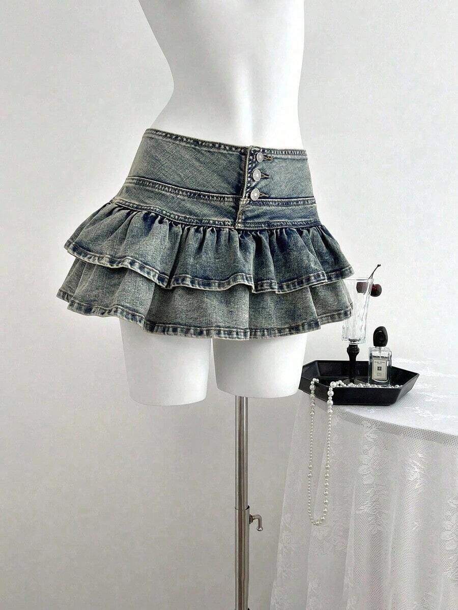 Falda de mezclilla de moda para mujer con diseño de cintura con botones y dobladillo con doble volante - Azul lavado oscuro 2 - Ver 1