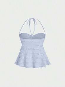 Tops halter con cordón en el busto de color sólido, estilo Y2K para mujeres - Azul - Ver 2