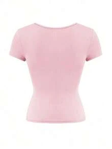 Camiseta de manga corta con cuello cuadrado de punto de unicolor, ajustada y sexy, estilo Y2K, para mujer Vaiaye, adecuada para actividades de primavera/verano y el Día de San Valentín - Rosa - Ver 4