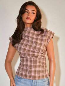 Blusa plisada con cuello para mujer, elegante para la oficina, artículo de moda versátil, adecuado para el trabajo, salidas casuales, fiestas, con estampado de cuadros marrones - Rosa - Ver 6