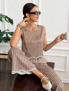 Frenchy Conjunto de 2 piezas de top sin mangas de cuello redondo a cuadros y pantalones para mujer - Marrón 2 - Ver 5