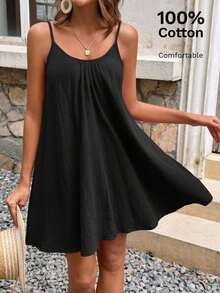 Vestido de verano de algodón de unicolor con tirantes finos tipo musculosa, estilo vacacional para mujer - Negro 2 - Ver 1