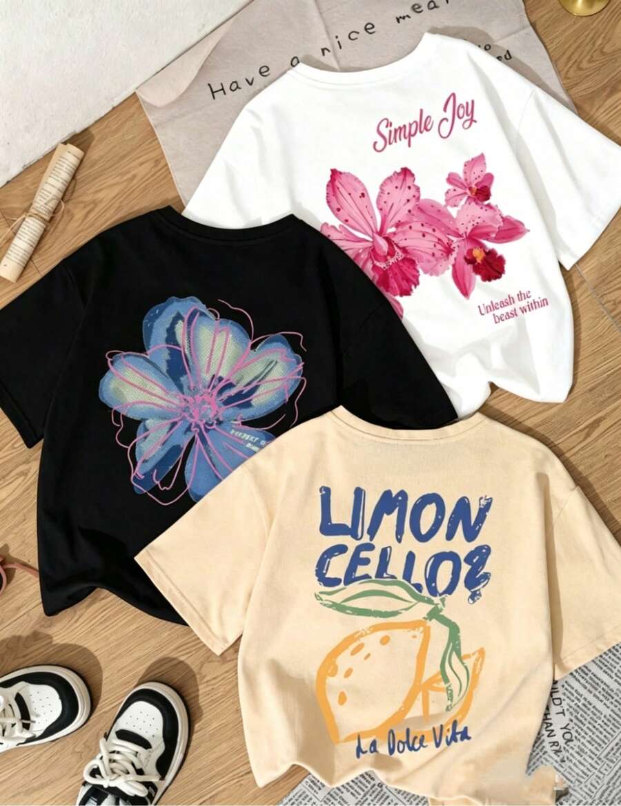 Set Of Short-Sleeved T-Shirts. Single Garment, Not A 3-Piece Set. 1 Piece/Set Of Short-Sleeved T-Shirts Suitable For Streetwear. Oversized Round Neck Top For Daily Outings, Camping, Concerts, Hip-Hop, Rock, And Rap Events. Short-Sleeved T-Shirt With Round Neck And Minimalist And Modern Floral Print. Versatile For Everyday And Casual Wear For Women. - 白色 - 查看 1