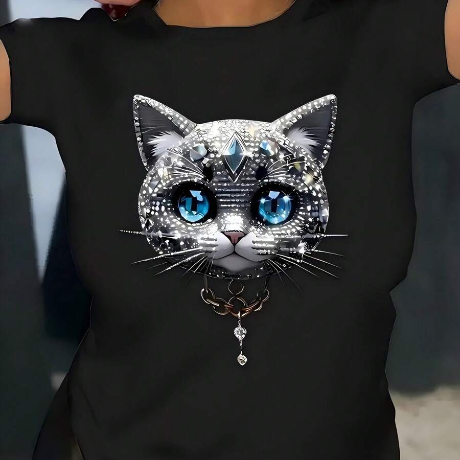 Women's T-Shirt With Sparkling Golden Cherry Design - 黑色 - 查看 1