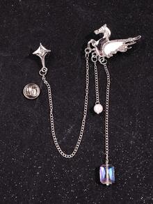 Punk Hiphop Metal Chain Faux Pearl Tassel Animal Horse Brooch, Unique Cyberpunk Design Formal Suit Decoration Pin - Multicolor - View 1