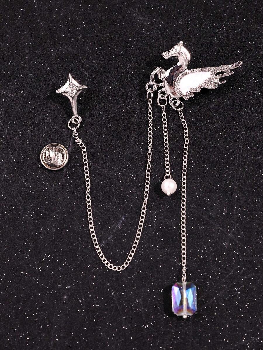 Punk Hiphop Metal Chain Faux Pearl Tassel Animal Horse Brooch, Unique Cyberpunk Design Formal Suit Decoration Pin - Multicolor - View 1