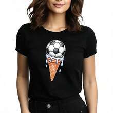 Tops para mujer Casual de Algodón Blanco para Mujer con Estampado Único de Balón de Fútbol y Helado, Cuello Redondo y Manga Corta - Negro - Ver 6