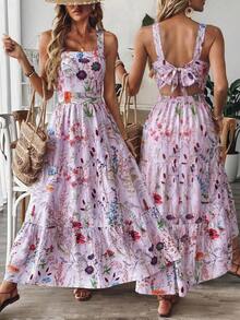 Vestido con estampado floral y cintura ceñida con diseño de lazo en la espalda, elegante para vacaciones, ir al trabajo y uso diario - Morado - Ver 12