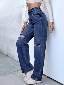 ICON Jeans desgarro de talle alto - Azul lavado oscuro - Ver 5