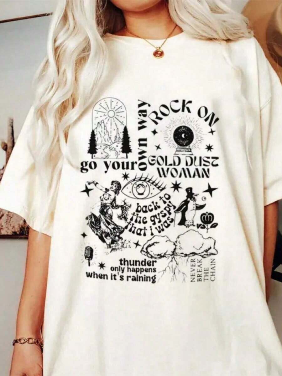 ropa de mujer Camiseta vintage con estampado Fleetwood, cuello redondo casual, manga corta, ropa de verano para mujer, camisetas de moda, camiseta blanca para estudiantes, camisas de mujer - Blanco - Ver 1