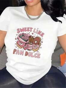 Camiseta con un dulce diseño de donut mexicano, ropa de trabajo para restaurante, ligera, duradera, cómoda, estampada, adecuada para restaurantes informales, tela suave 100% algodón. - Blanco - Ver 6