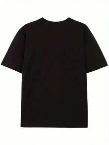 Camiseta de manga corta blanca de corte relajado con estampado gráfico de patrón retro, para mujer, combina con todo, suave. - Negro - Ver 3