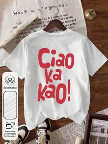 Plus Size Women "Ciao Ka Kao!" Letter Graphic Round Neck Short Sleeve Casual Minimalist Summer White T-Shirt - White - View 6