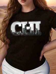 Women's Black T-Shirt With Chicago Skyline Print, Casual Urban Style For Urban Fashion And Everyday Wear - 黑色 - 查看 6