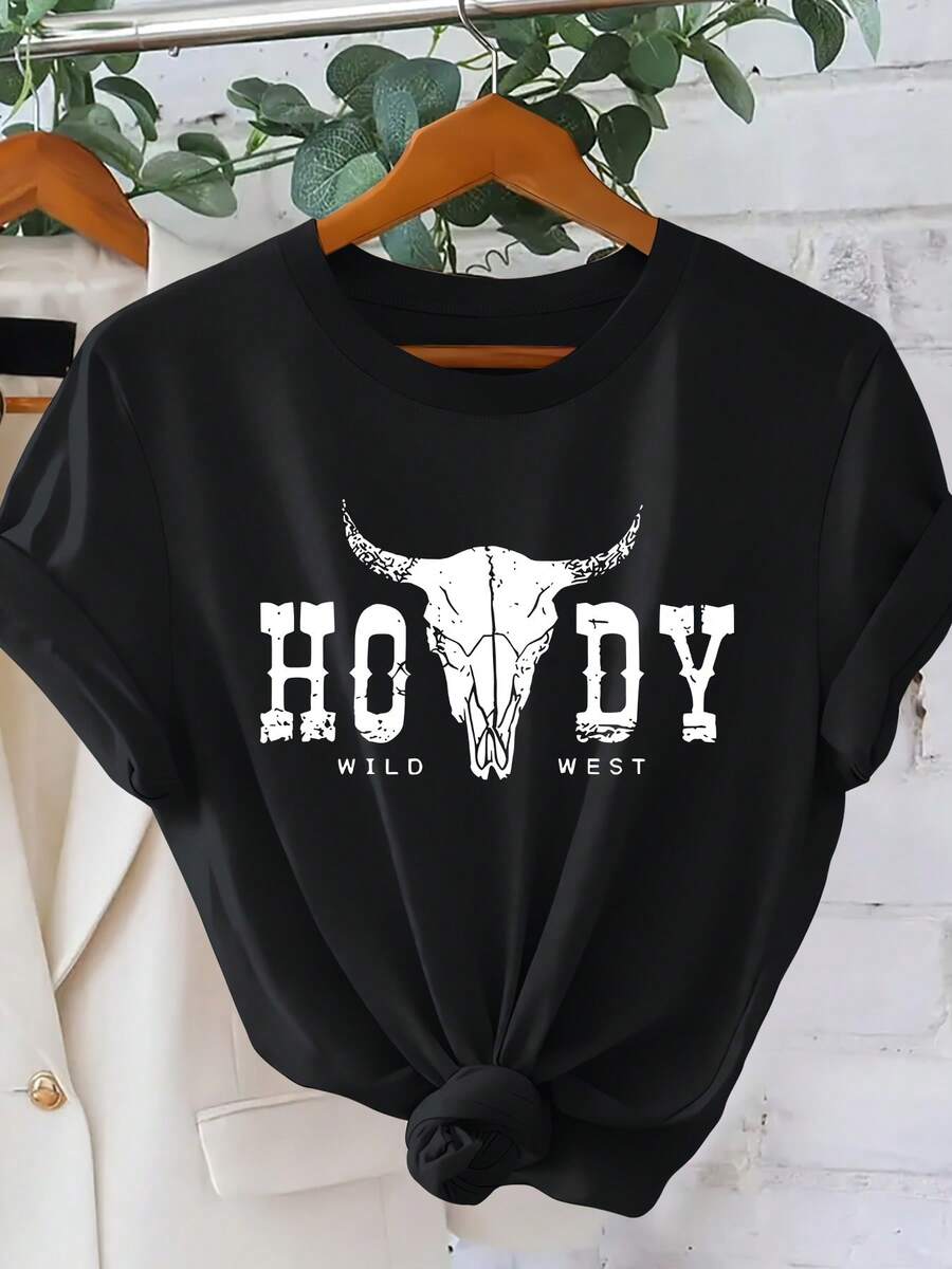 HOWDY Camiseta de Manga Corta para Mujer con Estampado de Calavera de Vaca Desgastada, Estilo Retro Americano, Top Versátil Casual de Primavera/Verano, Estilo Único de Chica Moderna, Cuello Redondo Simple, Cómoda y Transpirable, .una camiseta estampada muy distintiva / estilo unisex / adecuada tanto para hombres como para mujeres / resistente a las arrugas / transpirable - Negro - Ver 1