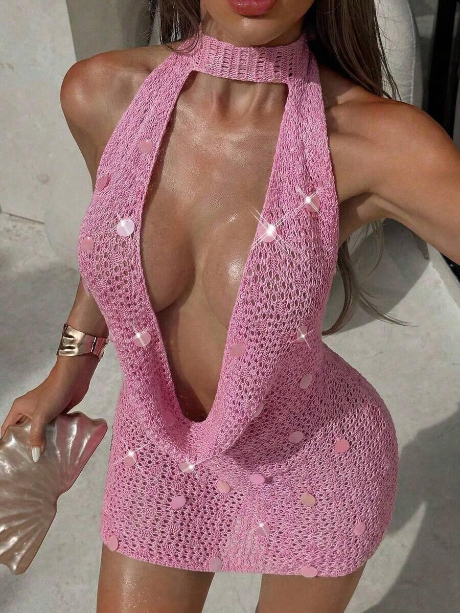 Swim  Vestido mini ajustado con diseño de bufanda de punto y espalda descubierta con lentejuelas, vestido sexy para vacaciones - Rosa - Ver 1