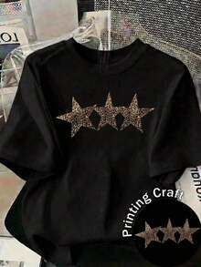 Camisetas de calor para mujer, camiseta blanca casual con estampado de leopardo y estrellas, manga corta, cuello redondo, top de poliéster para estilo urbano. - Negro - Ver 2